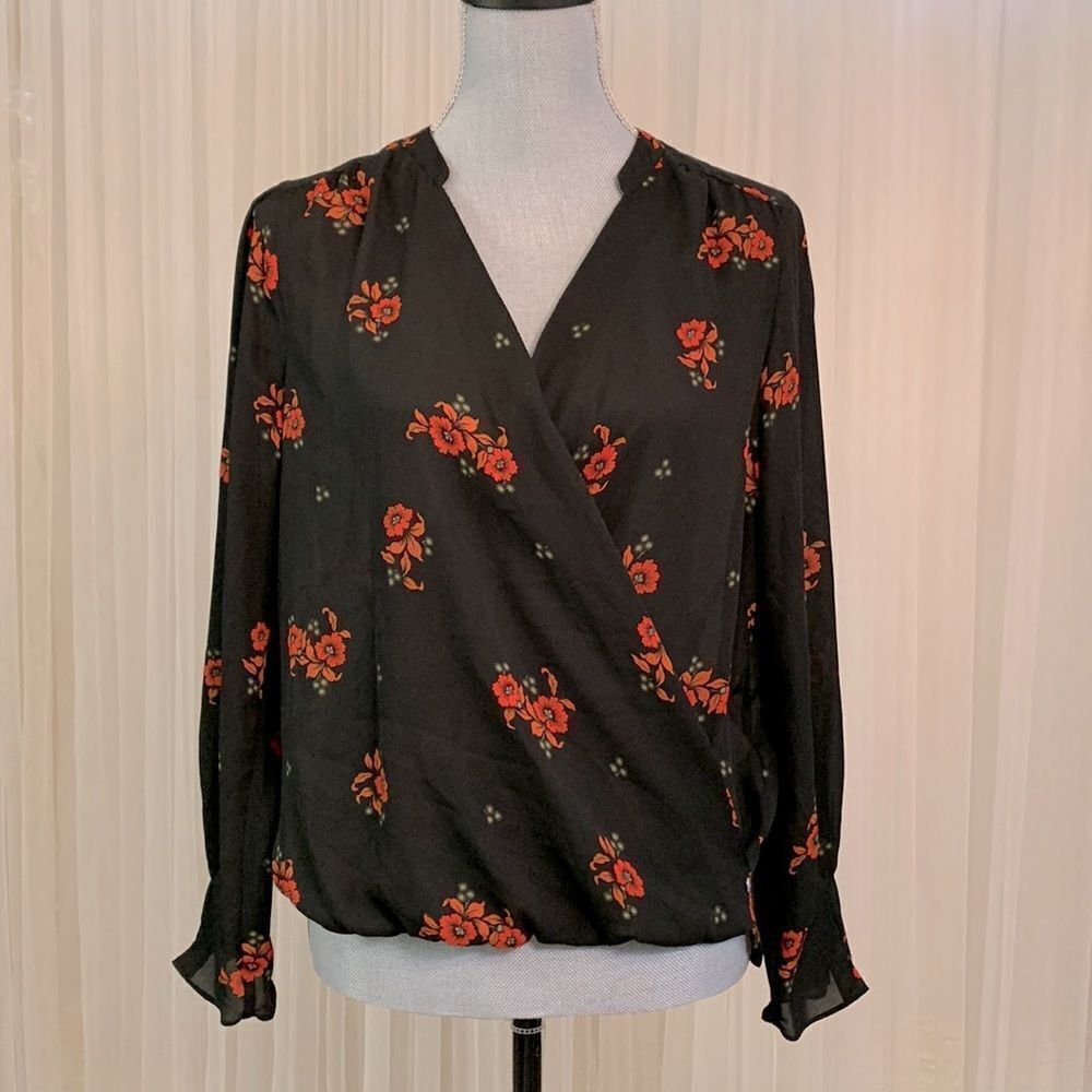 SCOTCH & SODA Maison Scotch Floral Faux Wrap Blouse - Black/Orange Poppy